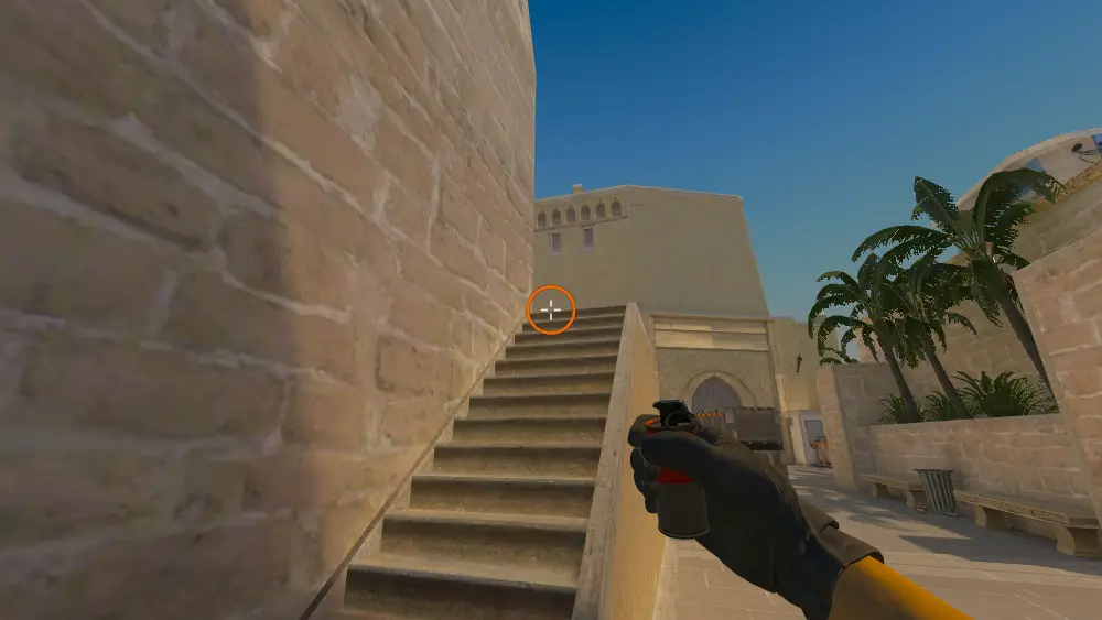 Standing on the Stairs spot on Mirage, the aim mark on the point this molotov is thrown at.