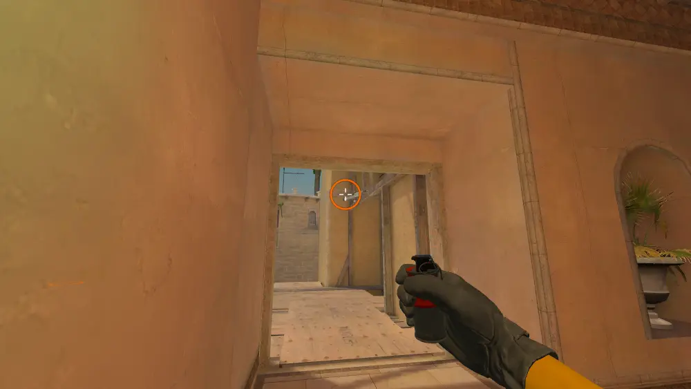 Standing on the Palace spot on Mirage, the aim mark on the point this smoke is thrown at.