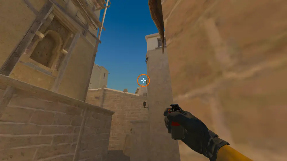 Standing on the A Ramp spot on Mirage, the aim mark on the point this smoke is thrown at.