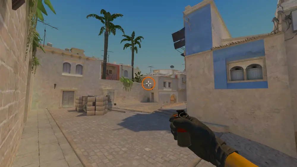 Standing on the Side Alley spot on Mirage, the aim mark on the point this smoke is thrown at.