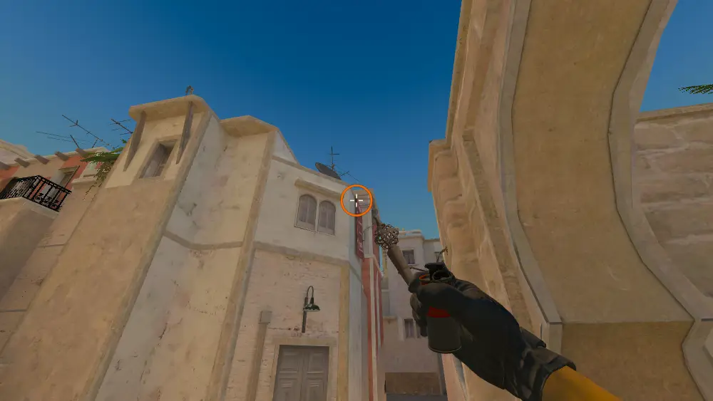Standing on the Side Alley spot on Mirage, the aim mark on the point this smoke is thrown at.