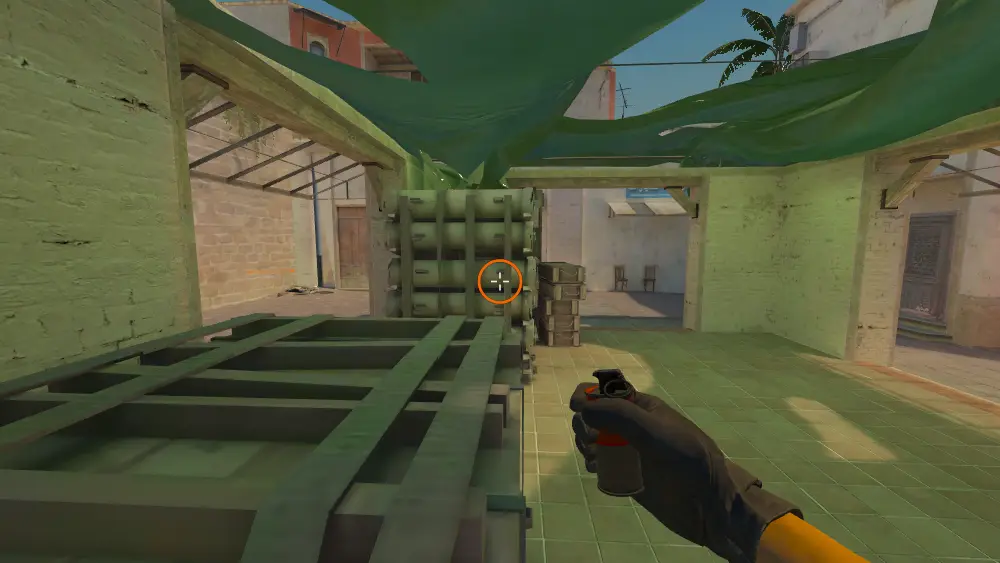 Standing on the Default spot on Mirage, the aim mark on the point this molotov is thrown at.