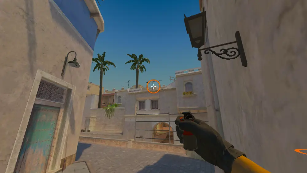 Standing on the B Short spot on Mirage, the aim mark on the point this smoke is thrown at.