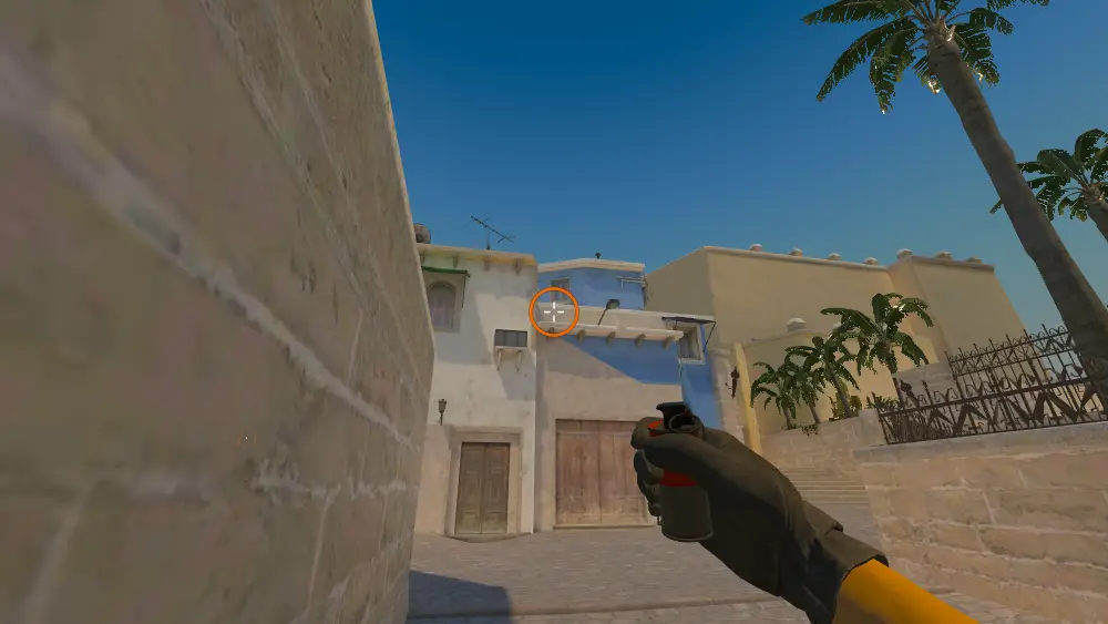 Standing on the CT Spawn On Mirage spot on Mirage, the aim mark on the point this smoke is thrown at.