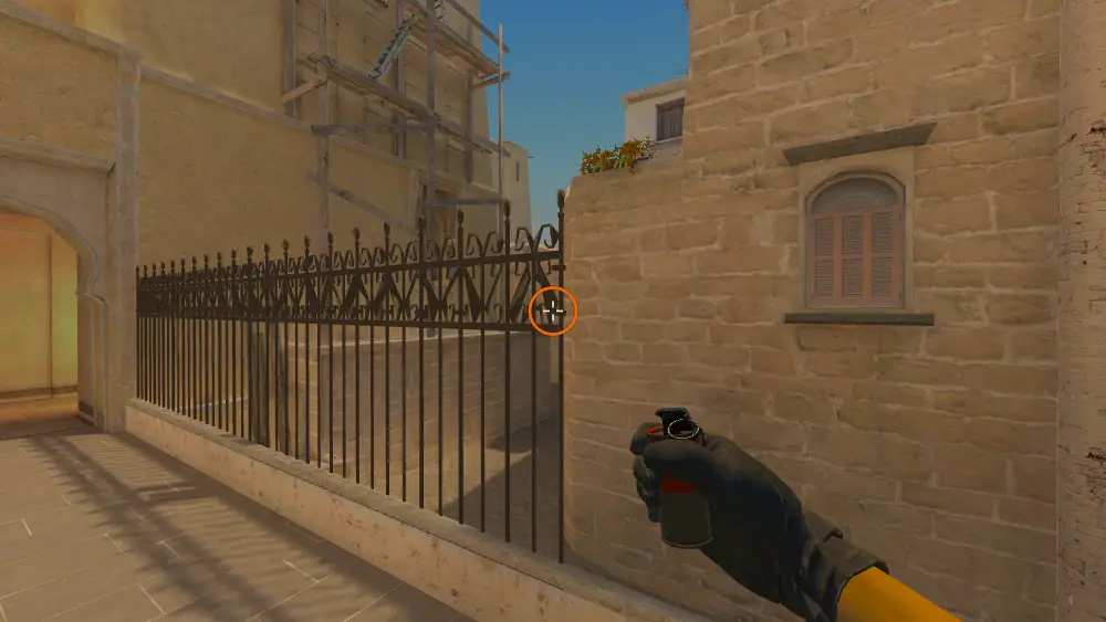 Standing on the T Spawn spot on Mirage, the aim mark on the point this flash is thrown at.
