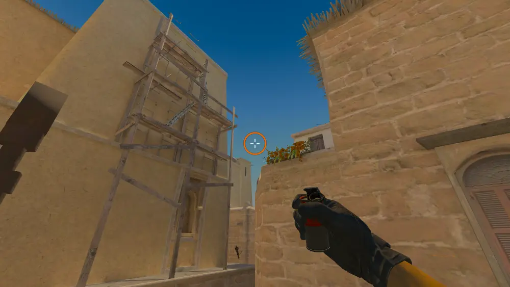 Standing on the T Spawn Fence spot on Mirage, the aim mark on the point this smoke is thrown at.