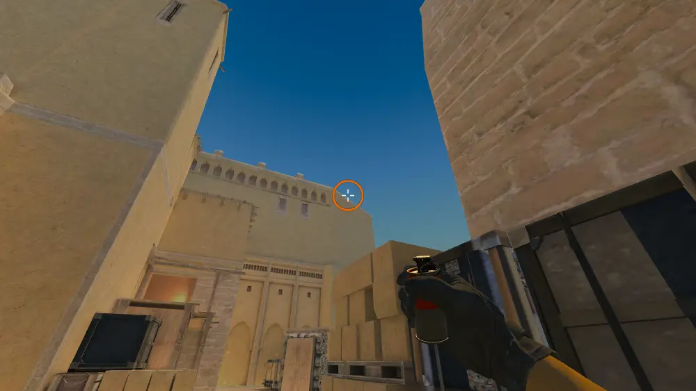 Standing on the Tetris spot on Mirage, the aim mark on the point this smoke is thrown at.