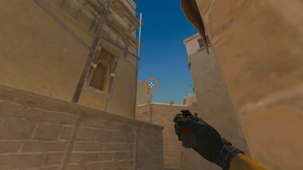 Standing on the A Ramp spot on Mirage, the aim mark on the point this smoke is thrown at.