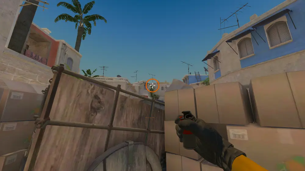 Standing on the Top Mid Boxes spot on Mirage, the aim mark on the point this molotov is thrown at.