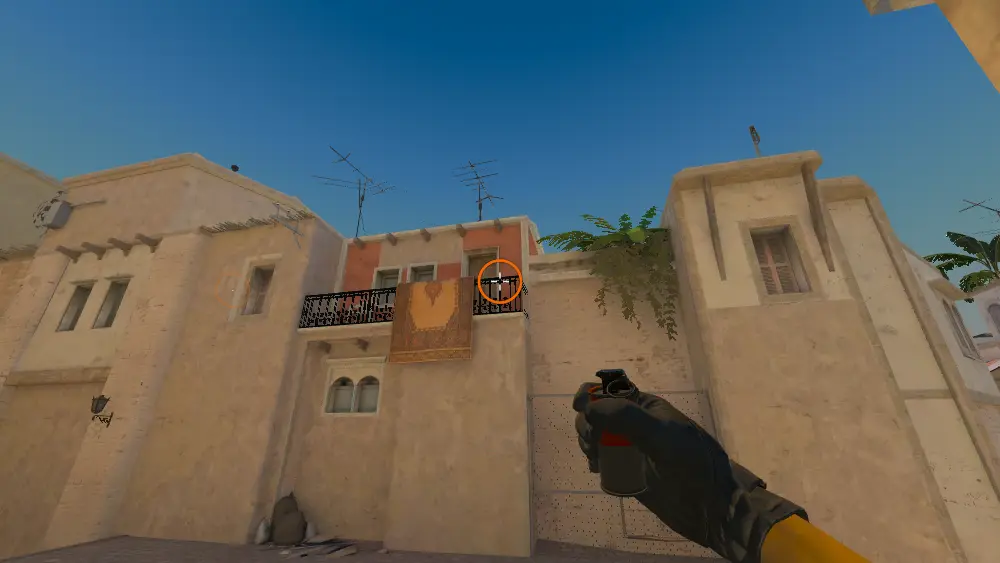 Standing on the T Spawn Trash Can spot on Mirage, the aim mark on the point this smoke is thrown at.