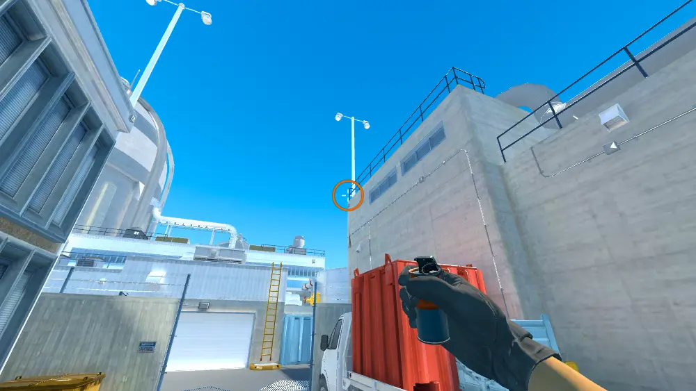 Standing on the T Spawn spot on Nuke, the aim mark on the point this smoke is thrown at.