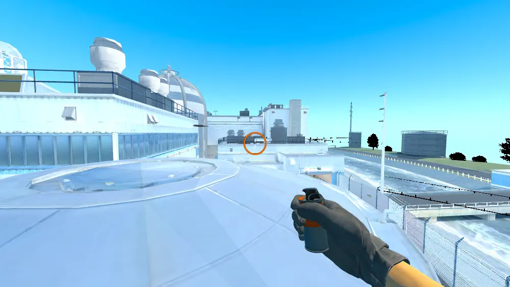 Standing on the T Spawn spot on Nuke, the aim mark on the point this smoke is thrown at.