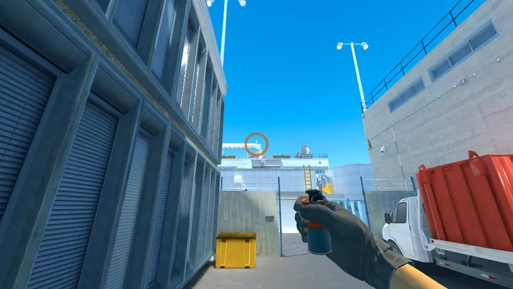 Standing on the T Spawn spot on Nuke, the aim mark on the point this smoke is thrown at.