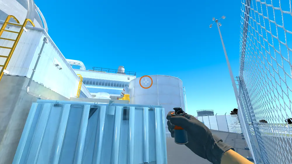 Standing on the Outside T Spawn To Front Garage spot on Nuke, the aim mark on the point this smoke is thrown at.