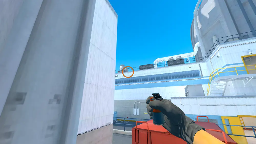 Standing on the CT Spawn spot on Nuke, the aim mark on the point this smoke is thrown at.