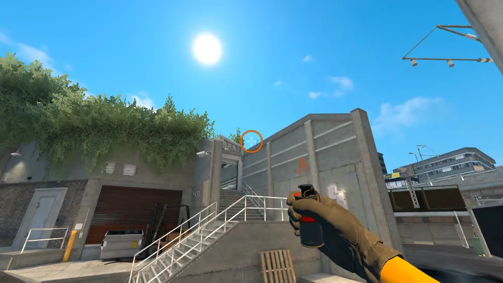 Standing on the T Spawn spot on Overpass, the aim mark on the point this smoke is thrown at.
