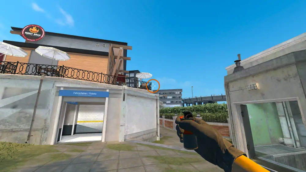Standing on the Mid Bench spot on Overpass, the aim mark on the point this smoke is thrown at.