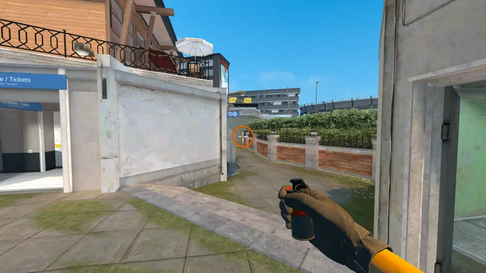 Standing on the Top Connector spot on Overpass, the aim mark on the point this molotov is thrown at.