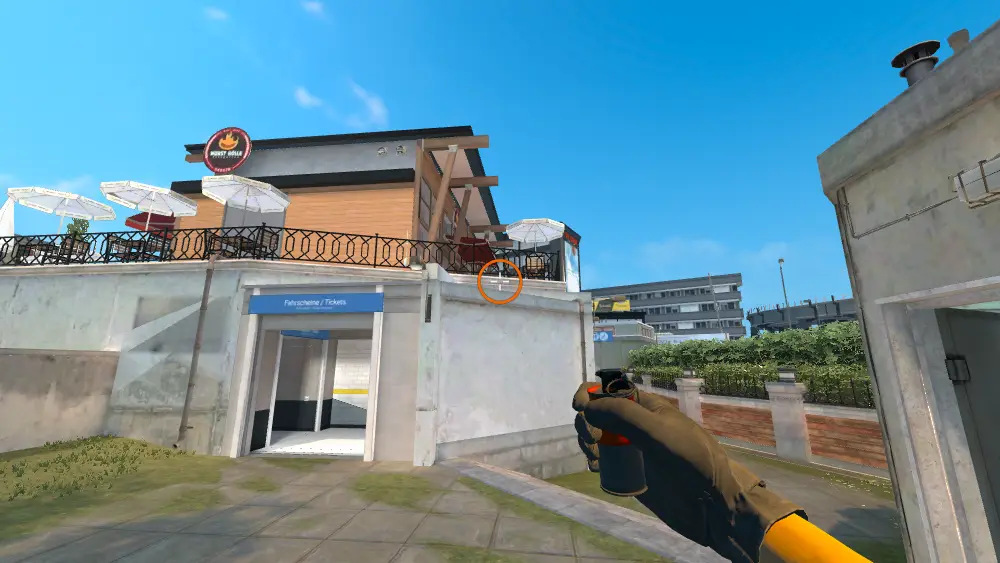 Standing on the Top Connector spot on Overpass, the aim mark on the point this smoke is thrown at.