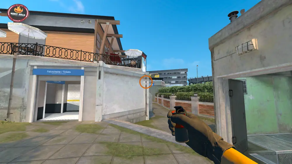 Standing on the Top Connector spot on Overpass, the aim mark on the point this smoke is thrown at.