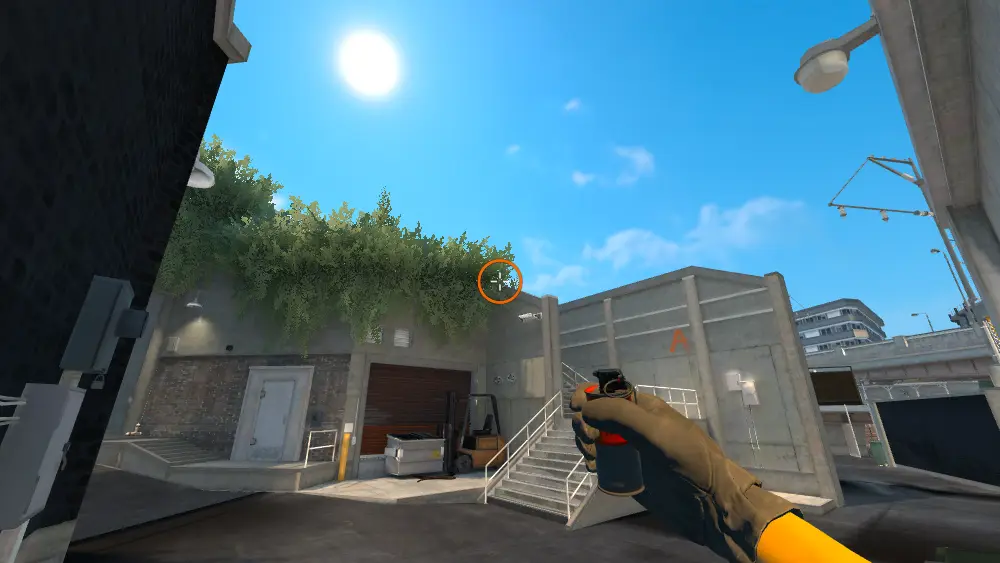Standing on the T Spawn spot on Overpass, the aim mark on the point this smoke is thrown at.