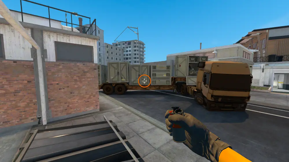 Standing on the CT Spawn spot on Overpass, the aim mark on the point this smoke is thrown at.